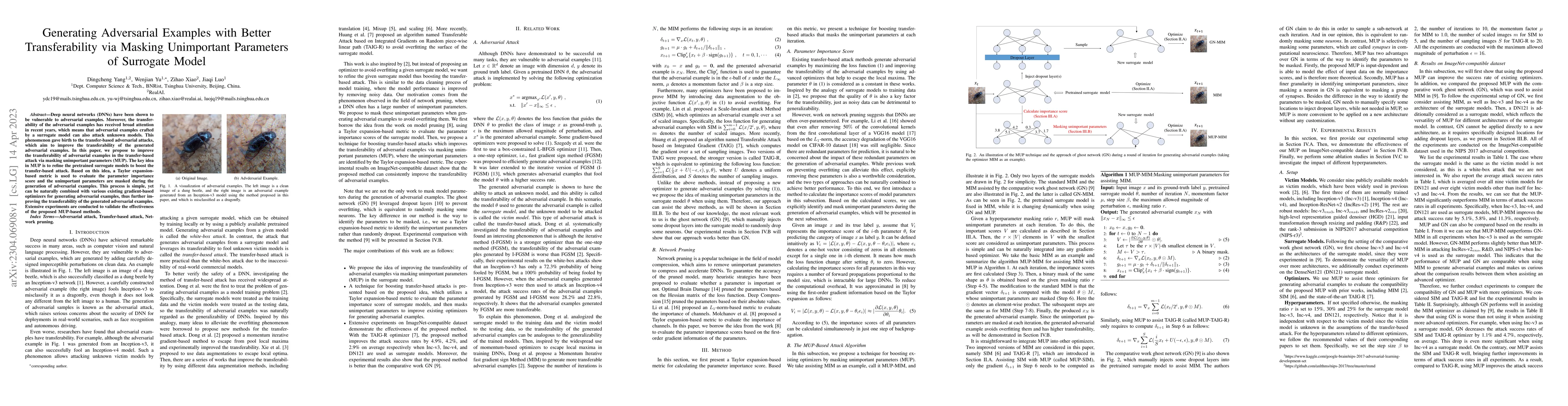 Thumbnail for Generating Adversarial Examples with Better Transferability via Masking
  Unimportant Parameters of Surrogate Model