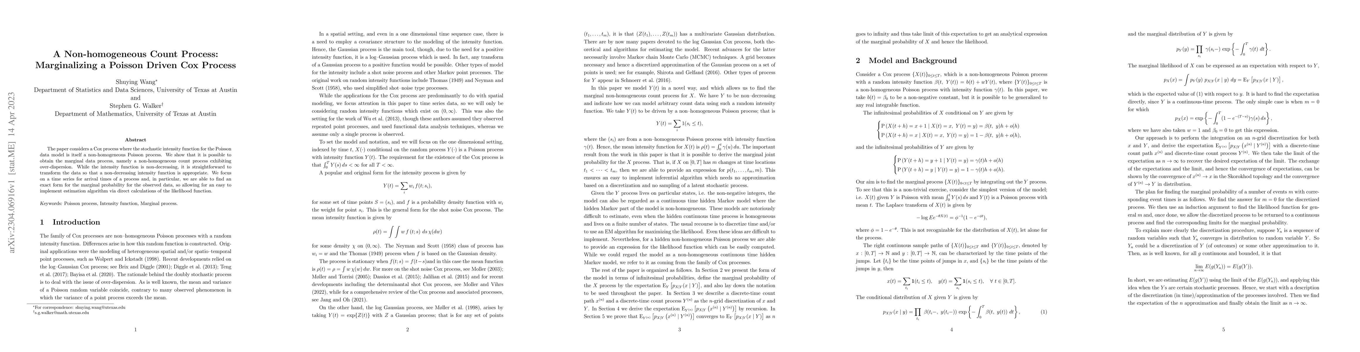 Thumbnail for A Non-homogeneous Count Process: Marginalizing a Poisson Driven Cox
  Process