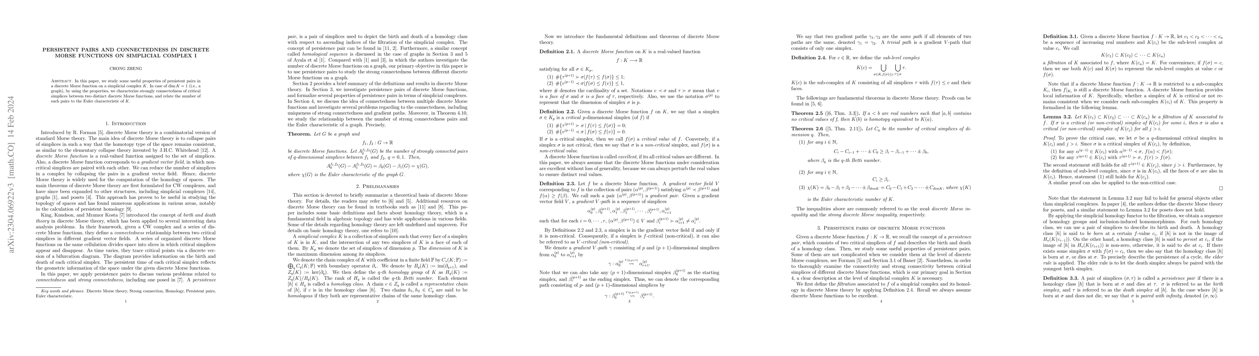 Thumbnail for Persistent Pairs And Connectedness In Discrete Morse Functions On
  Simplicial Complex I