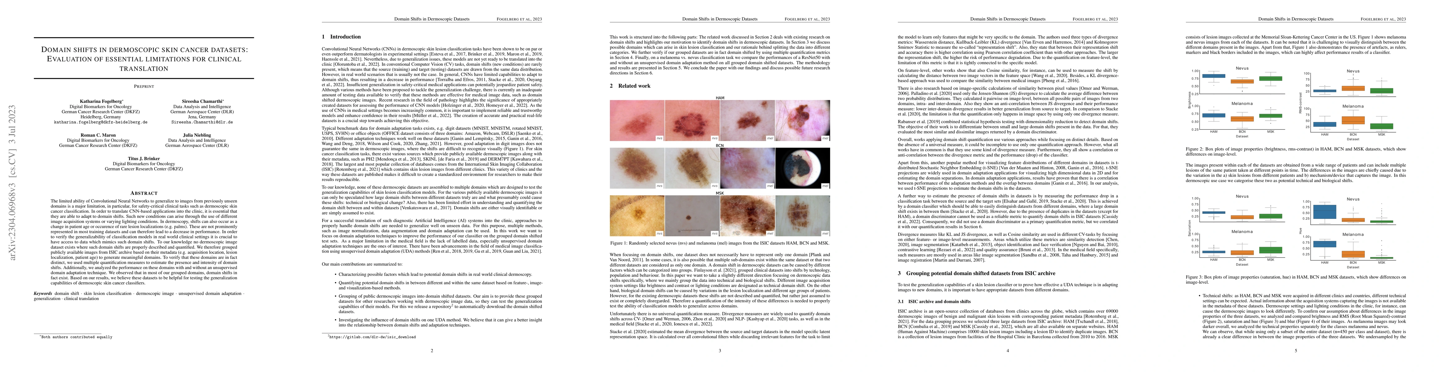 Thumbnail for Domain shifts in dermoscopic skin cancer datasets: Evaluation of
  essential limitations for clinical translation