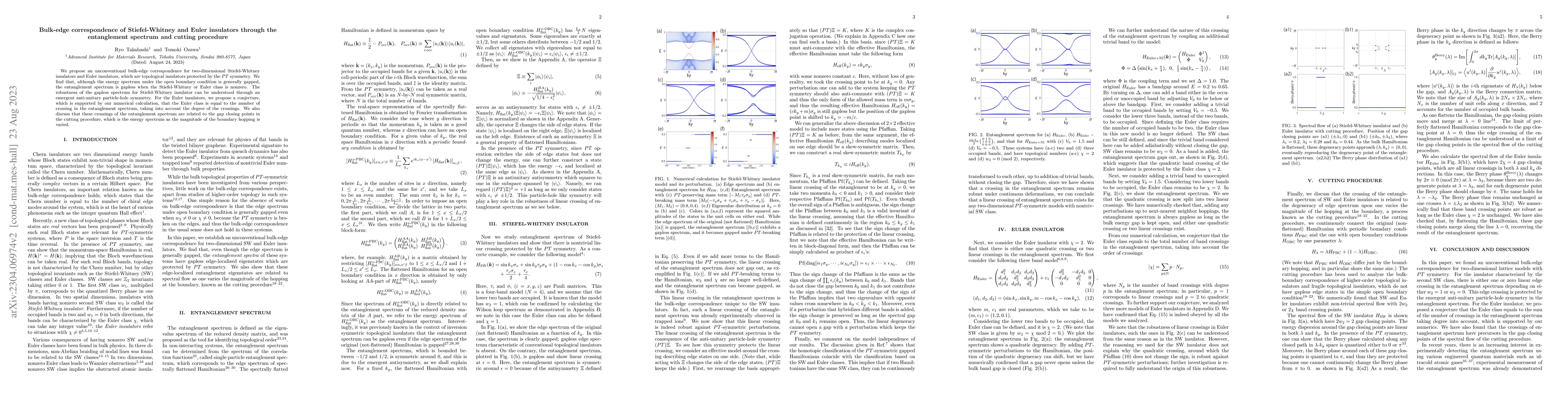 Thumbnail for Bulk-edge correspondence of Stiefel-Whitney and Euler insulators through
  the entanglement spectrum and cutting procedure