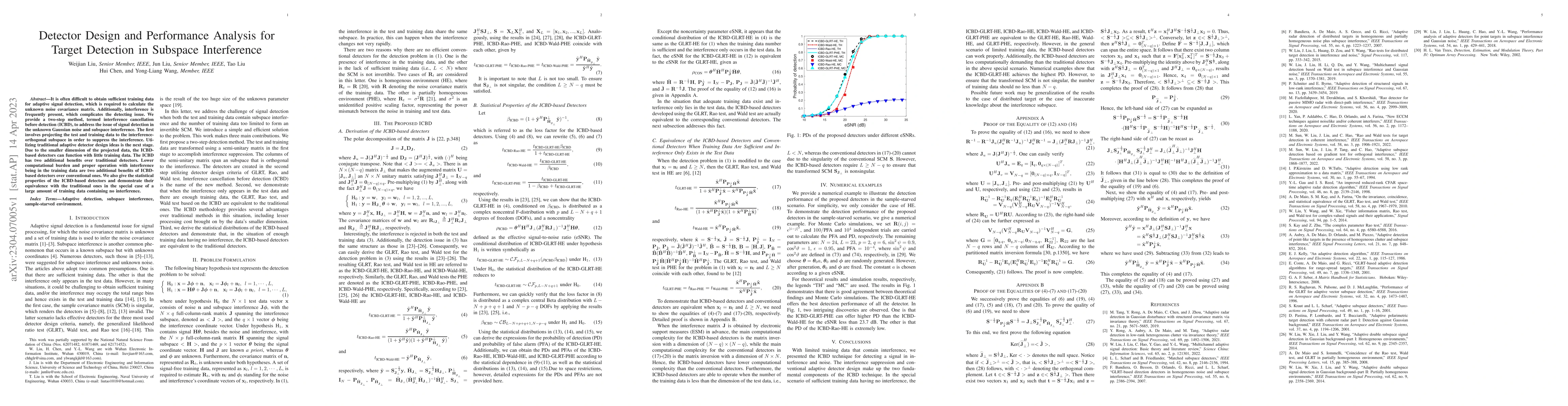 Thumbnail for Detector Design and Performance Analysis for Target Detection in
  Subspace Interference