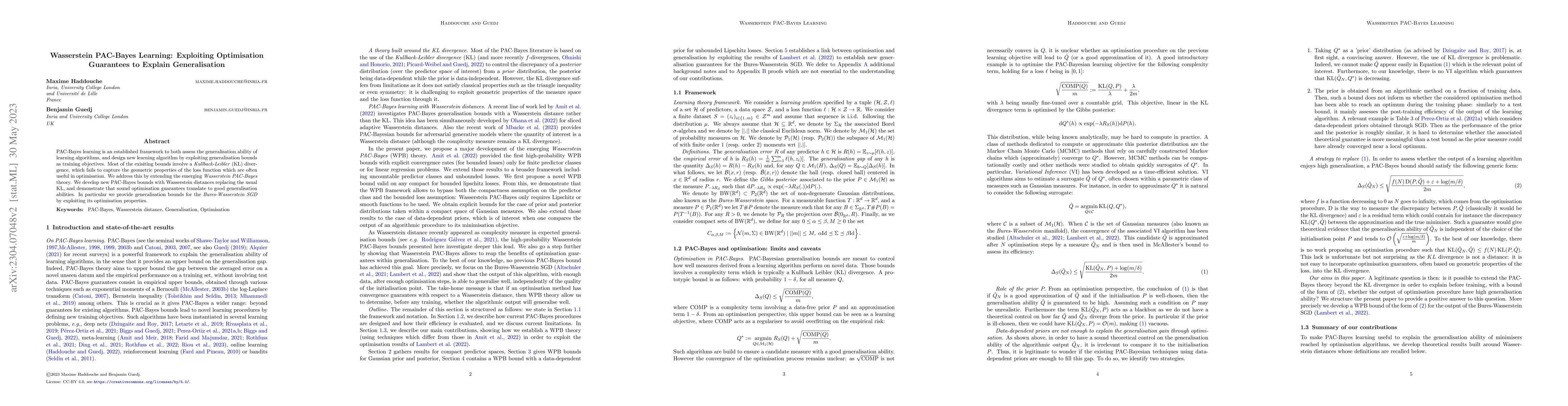 Thumbnail for Wasserstein PAC-Bayes Learning: Exploiting Optimisation Guarantees to
  Explain Generalisation