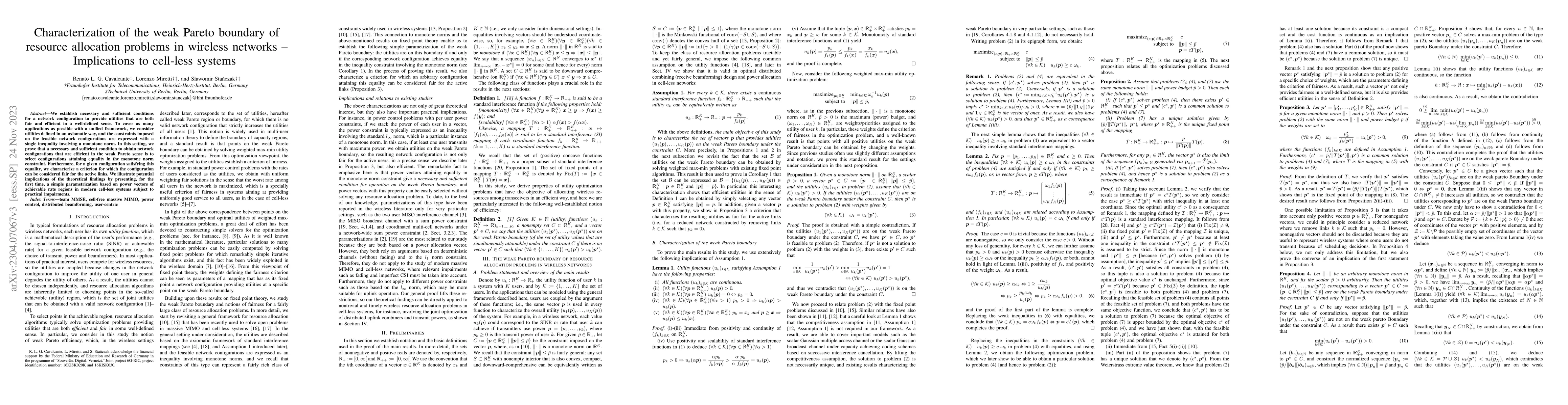 Thumbnail for Characterization of the weak Pareto boundary of resource allocation
  problems in wireless networks -- Implications to cell-less systems