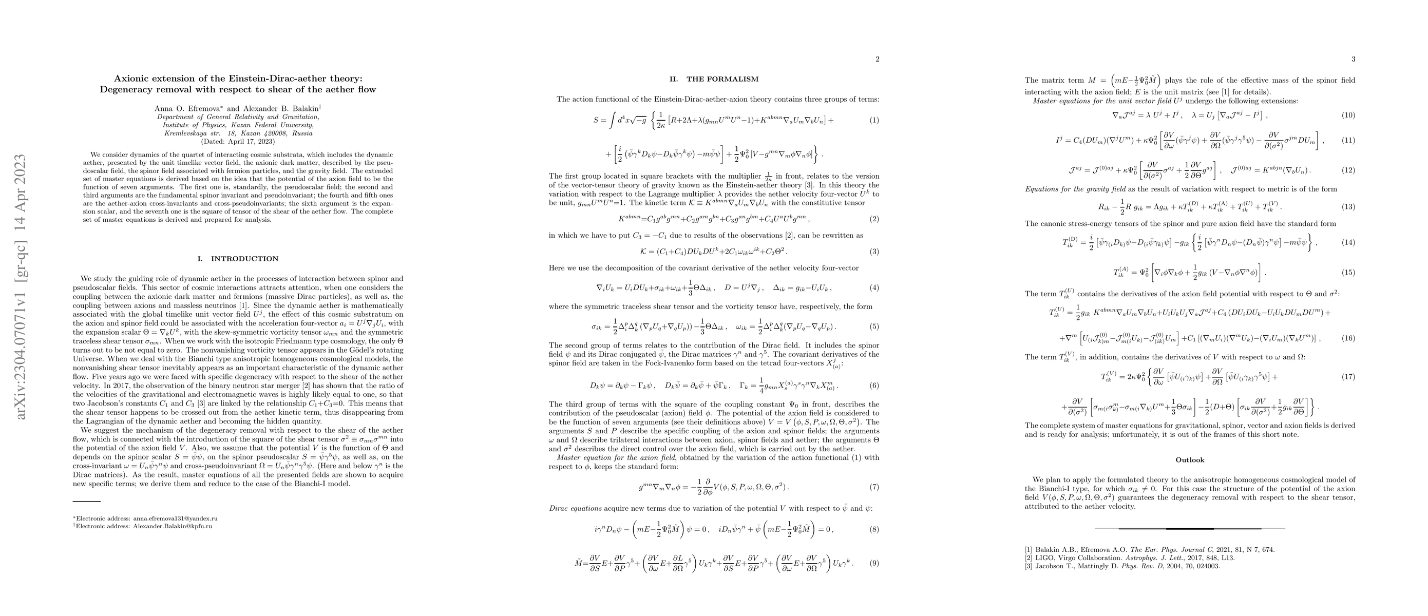 Thumbnail for Axionic extension of the Einstein-Dirac-aether theory: Degeneracy
  removal with respect to shear of the aether flow