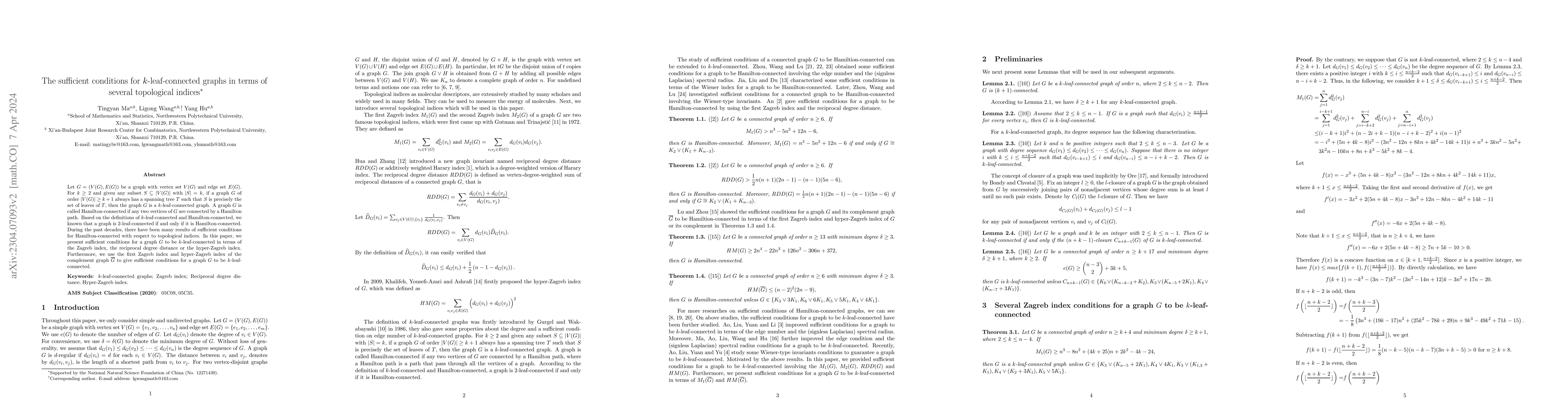 Thumbnail for The sufficient conditions for $k$-leaf-connected graphs in terms of
  several topological indices