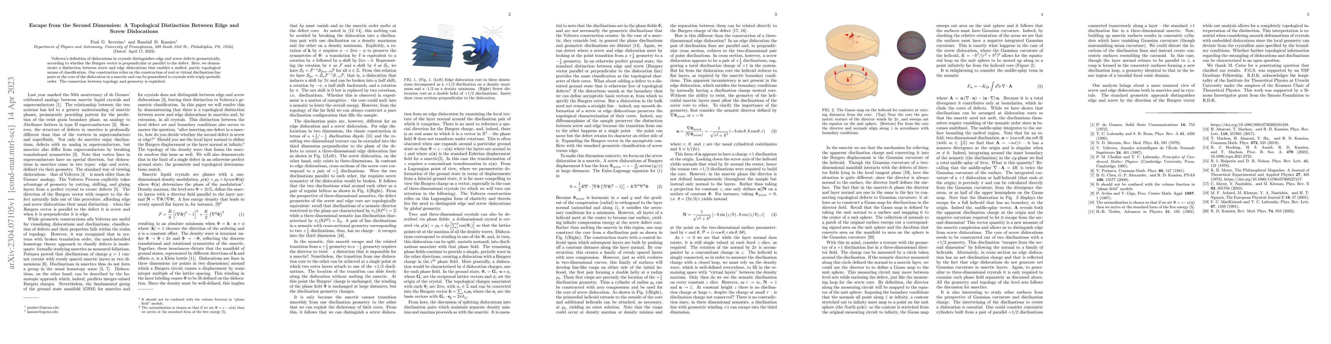 Thumbnail for Escape from the Second Dimension: A Topological Distinction Between Edge
  and Screw Dislocations