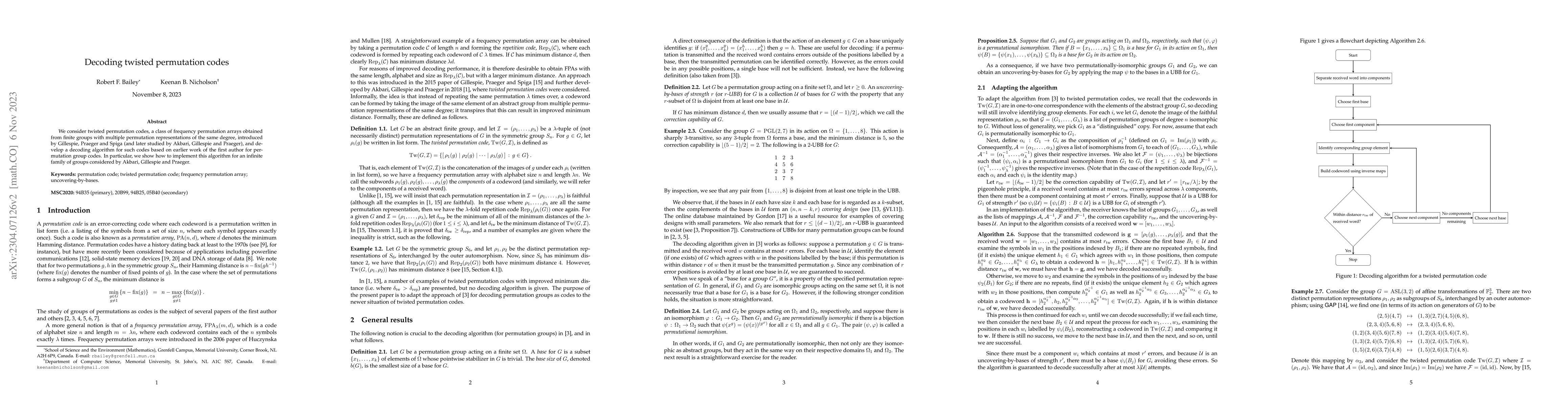 Thumbnail for Decoding twisted permutation codes