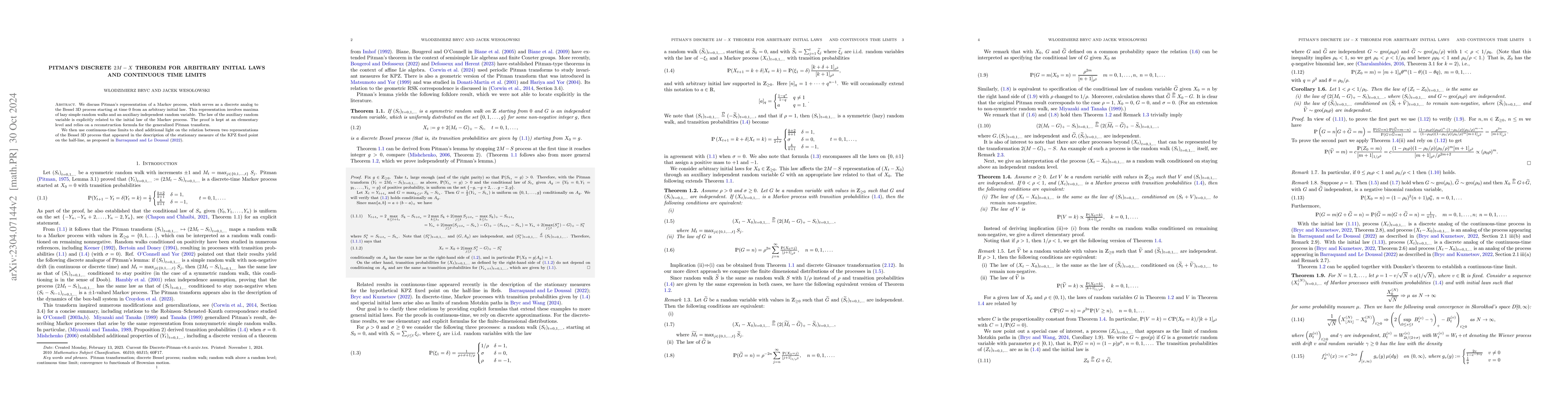 Thumbnail for Pitman's discrete $2M-X$ theorem for arbitrary initial laws and
  continuous time limits