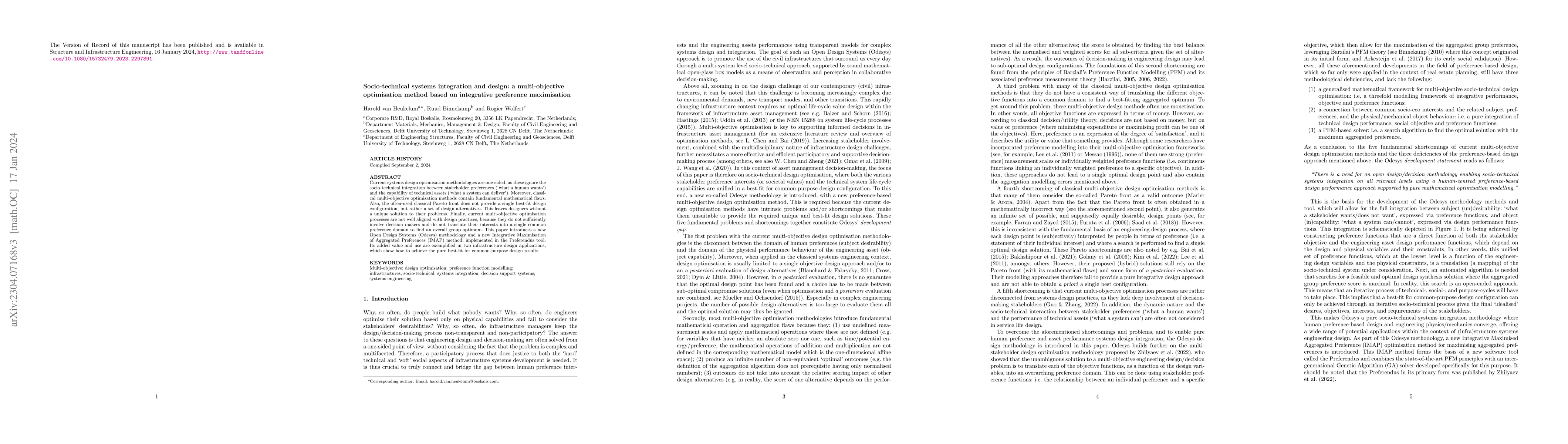 Thumbnail for Socio-technical systems integration and design: a multi-objective
  optimisation method based on integrative preference maximisation