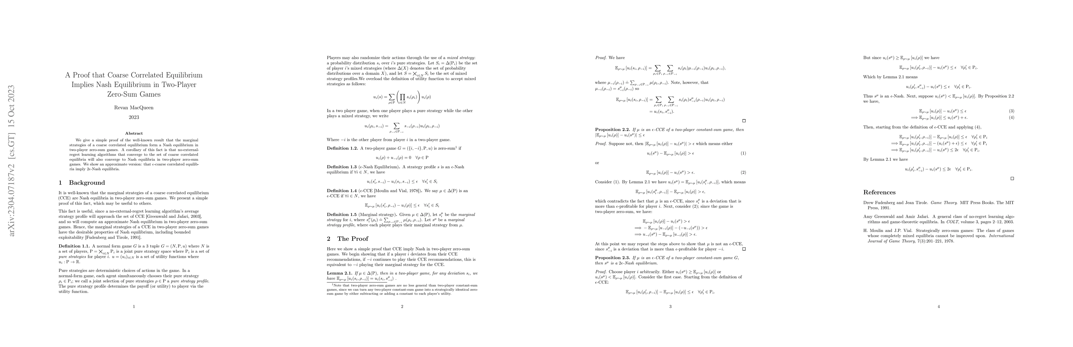 Thumbnail for A Proof that Coarse Correlated Equilibrium Implies Nash Equilibrium in
  Two-Player Zero-Sum Games