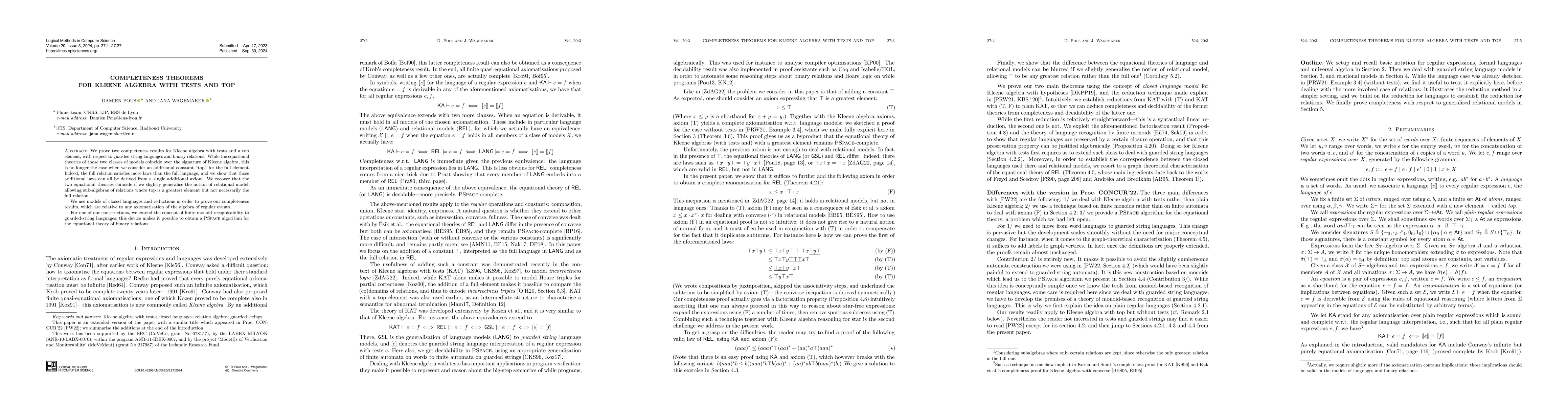 Thumbnail for Completeness Theorems for Kleene algebra with tests and top