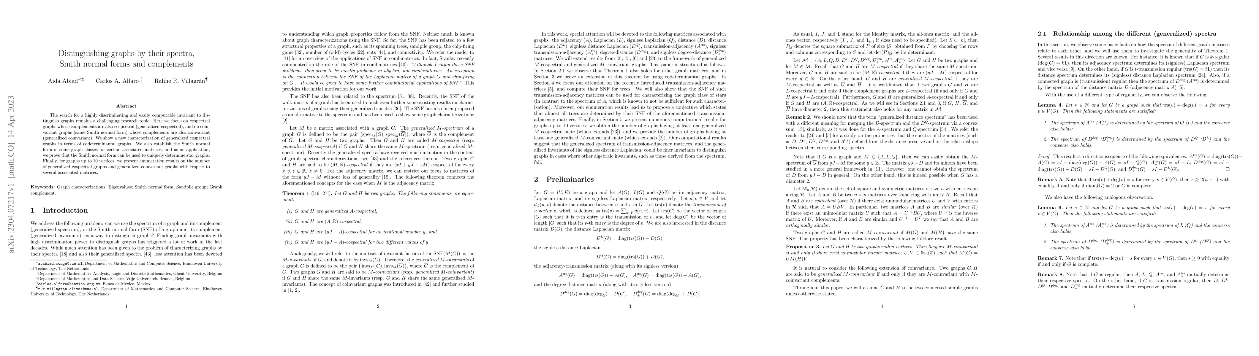 Thumbnail for Distinguishing graphs by their spectra, Smith normal forms and
  complements