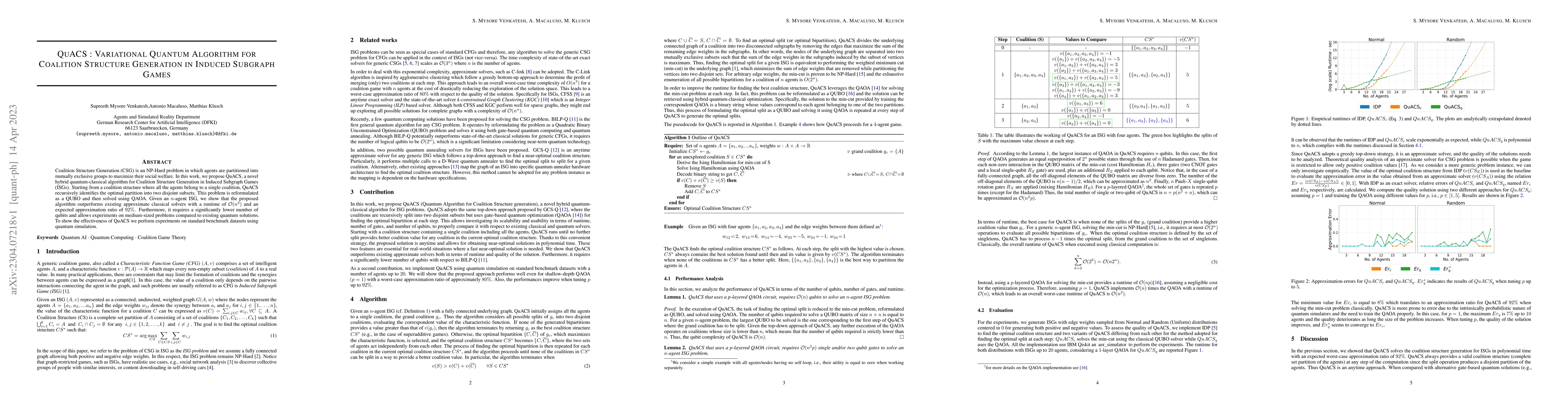Thumbnail for QuACS: Variational Quantum Algorithm for Coalition Structure Generation
  in Induced Subgraph Games