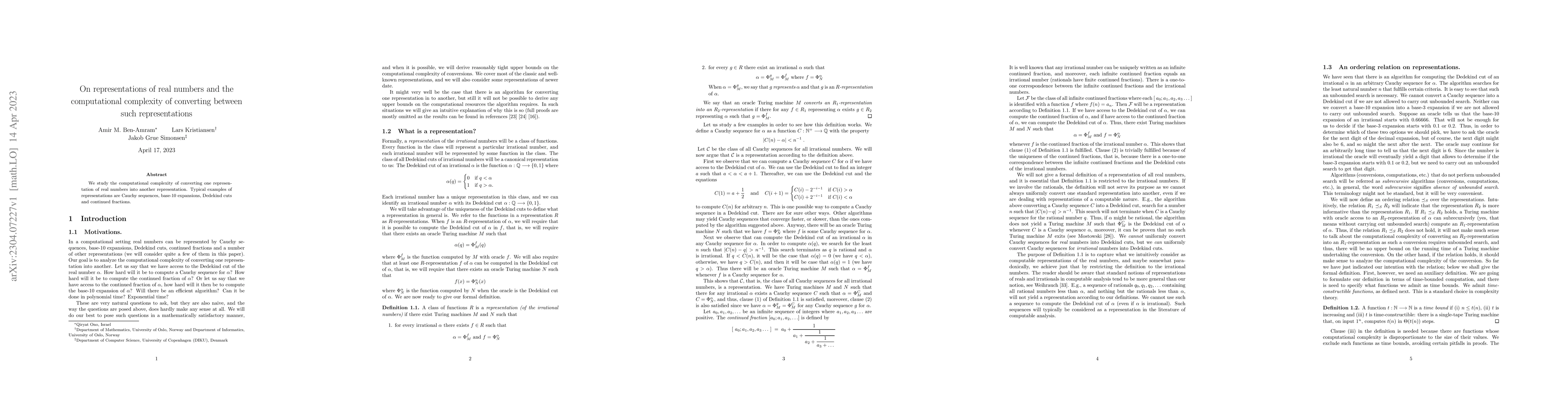 Thumbnail for On representations of real numbers and the computational complexity of
  converting between such representations