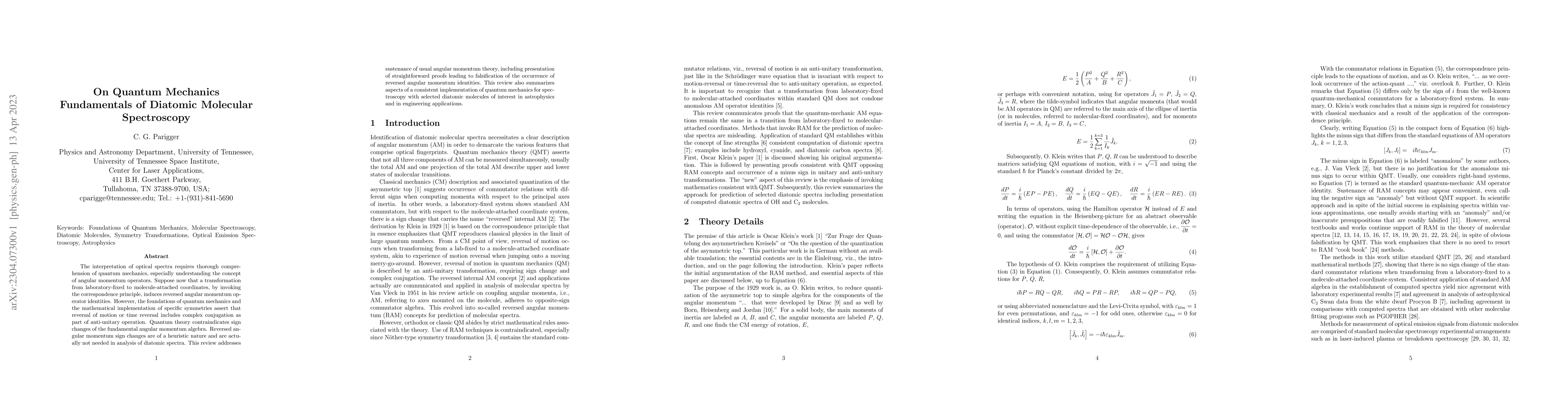 Thumbnail for On Quantum Mechanics Fundamentals of Diatomic Molecular Spectroscopy