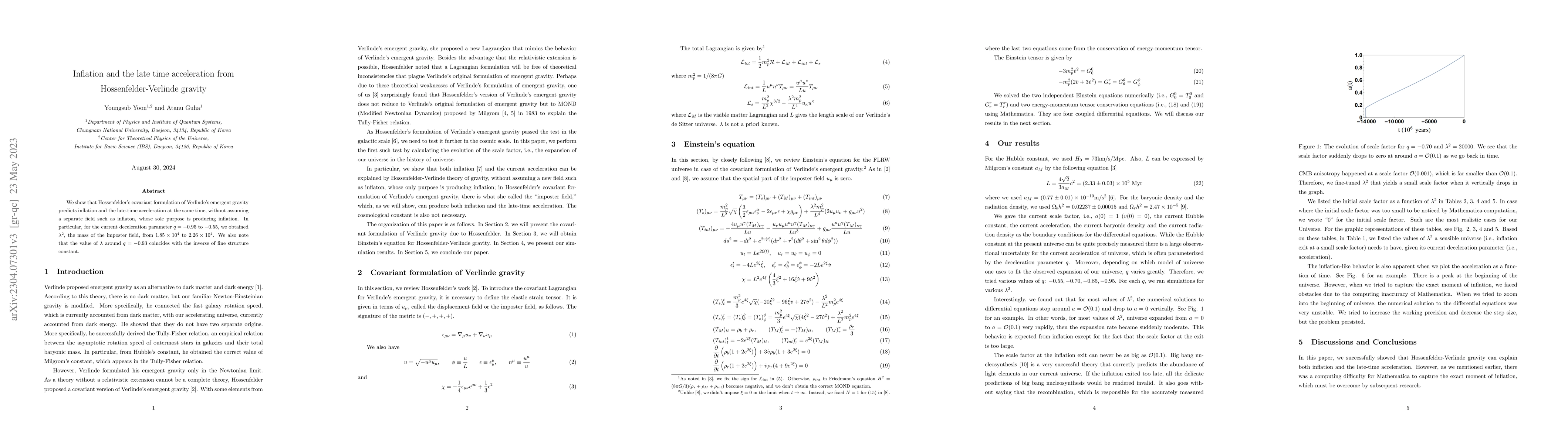 Thumbnail for Inflation and the late time acceleration from Hossenfelder-Verlinde
  gravity