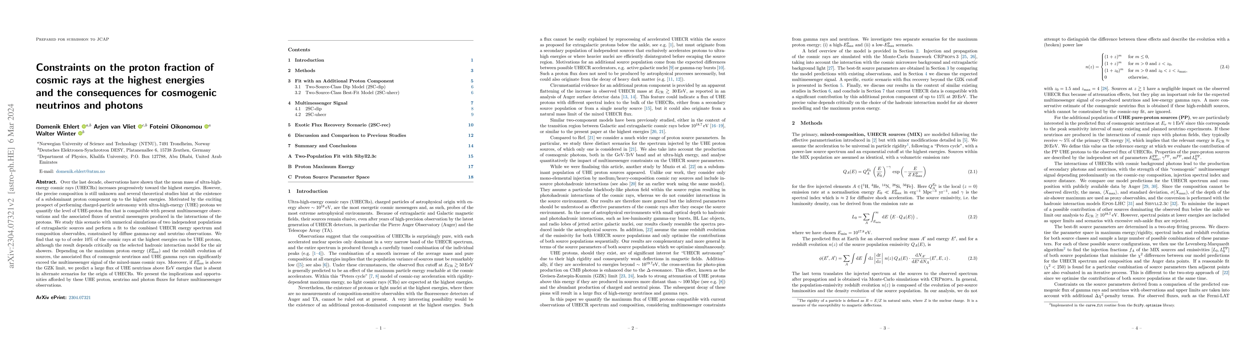 Thumbnail for Constraints on the proton fraction of cosmic rays at the highest
  energies and the consequences for cosmogenic neutrinos and photons