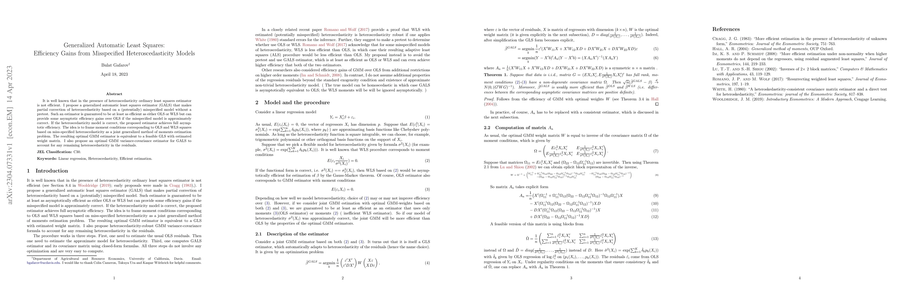 Thumbnail for Generalized Automatic Least Squares: Efficiency Gains from Misspecified
  Heteroscedasticity Models
