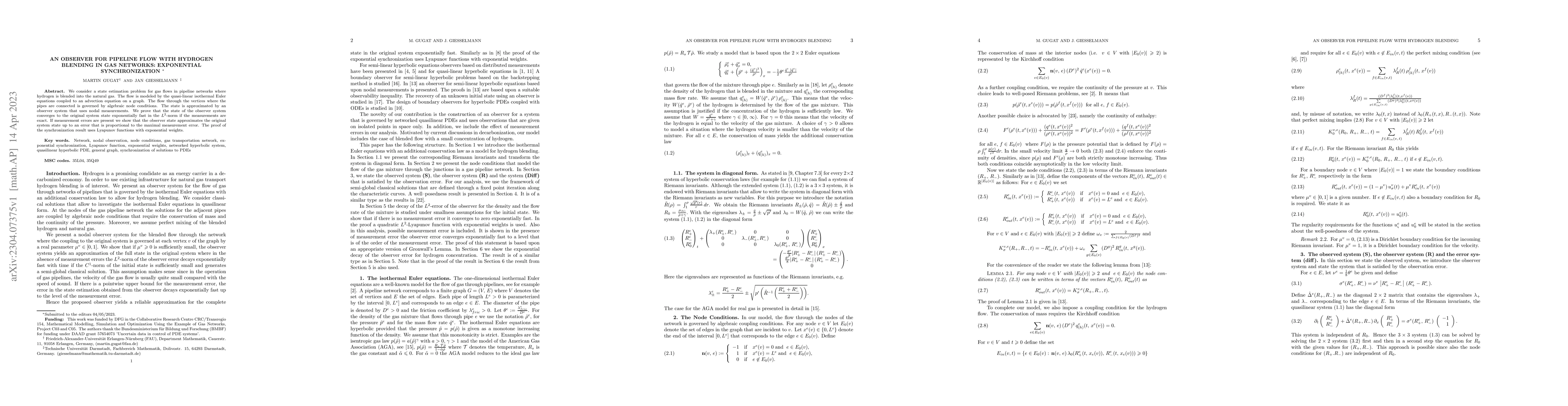 Thumbnail for An Observer for pipeline flow with hydrogen blending in gas networks:
  exponential synchronization