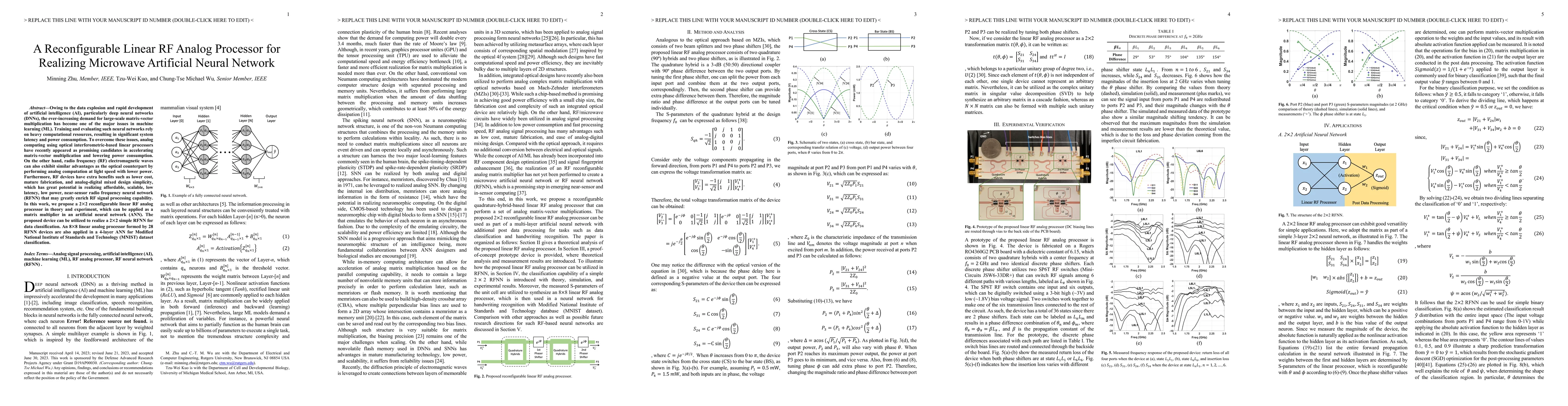 Thumbnail for A Reconfigurable Linear RF Analog Processor for Realizing Microwave
  Artificial Neural Network