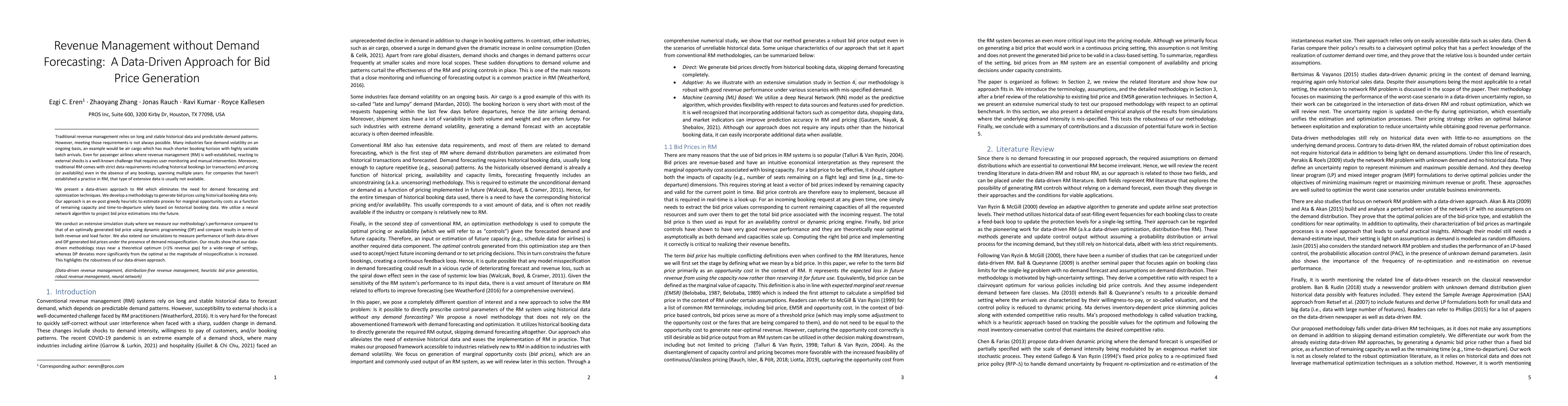 Thumbnail for Revenue Management without Demand Forecasting: A Data-Driven Approach
  for Bid Price Generation