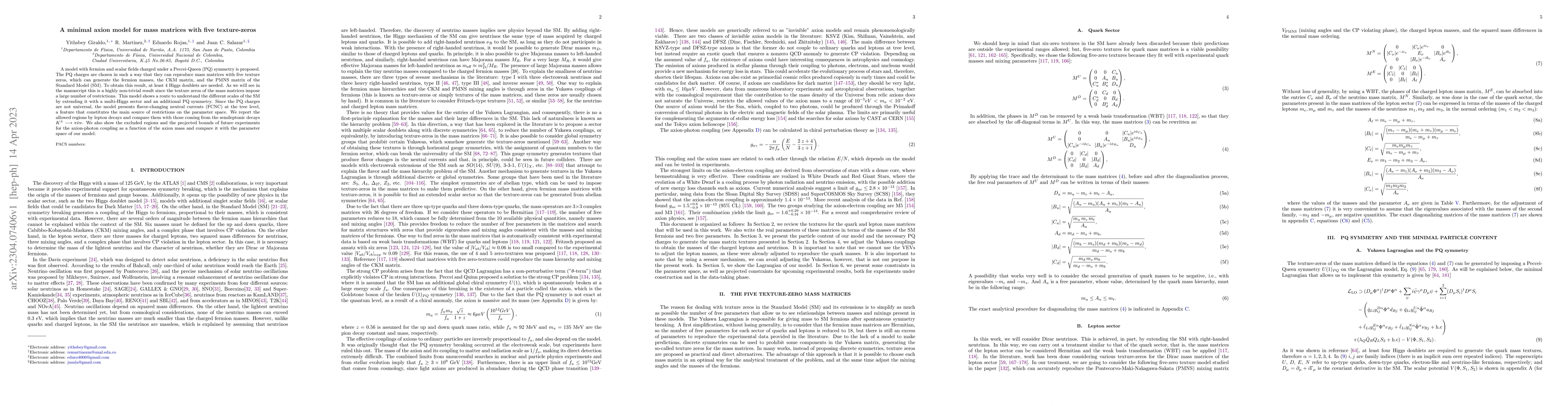 Thumbnail for A minimal axion model for mass matrices with five texture-zeros