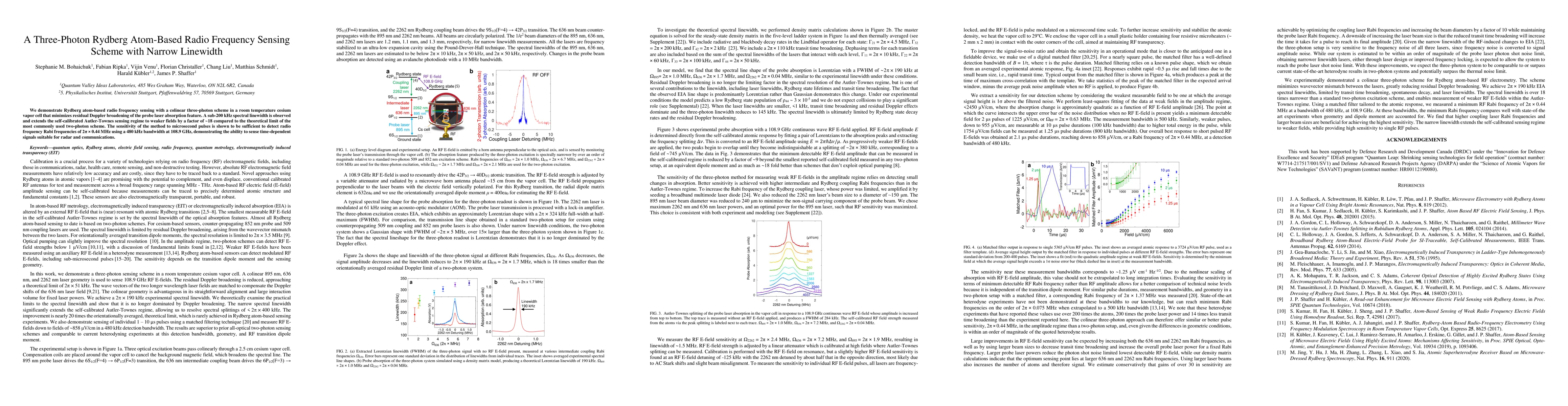 Thumbnail for A Three-Photon Rydberg Atom-Based Radio Frequency Sensing Scheme with
  Narrow Linewidth