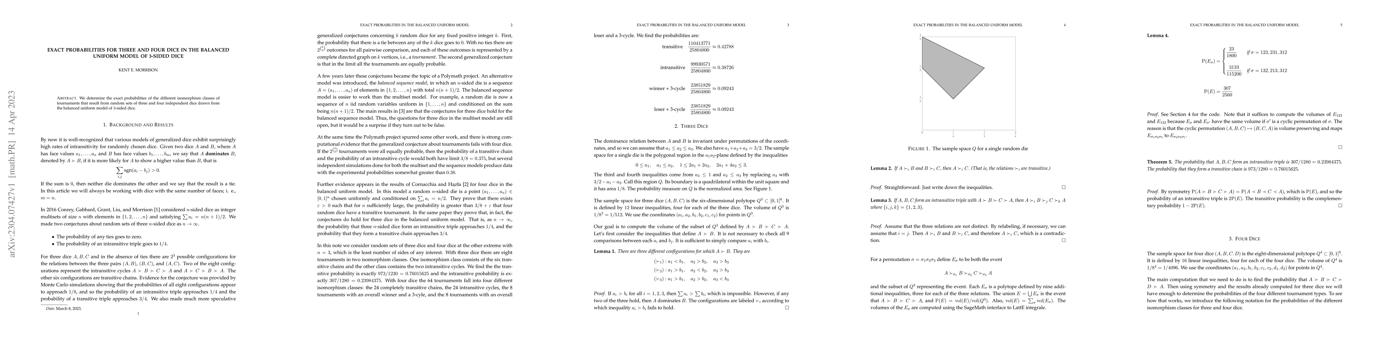 Thumbnail for Exact probabilities for three and four dice in the balanced uniform
  model of 3-sided dice