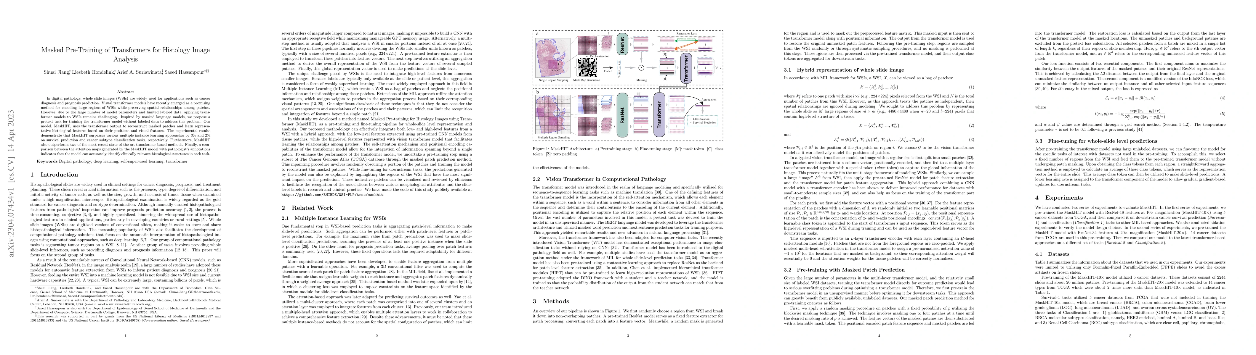 Thumbnail for Masked Pre-Training of Transformers for Histology Image Analysis