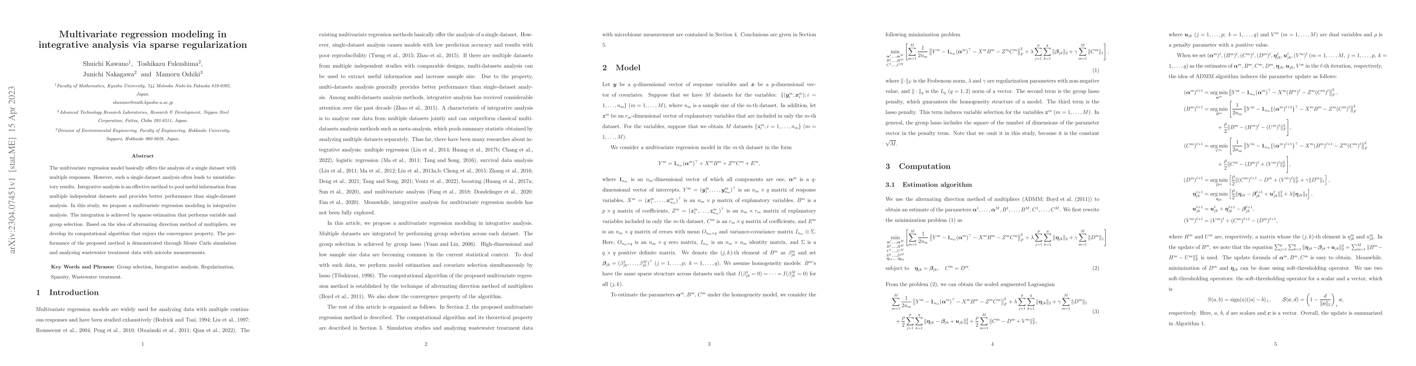 Thumbnail for Multivariate regression modeling in integrative analysis via sparse
  regularization