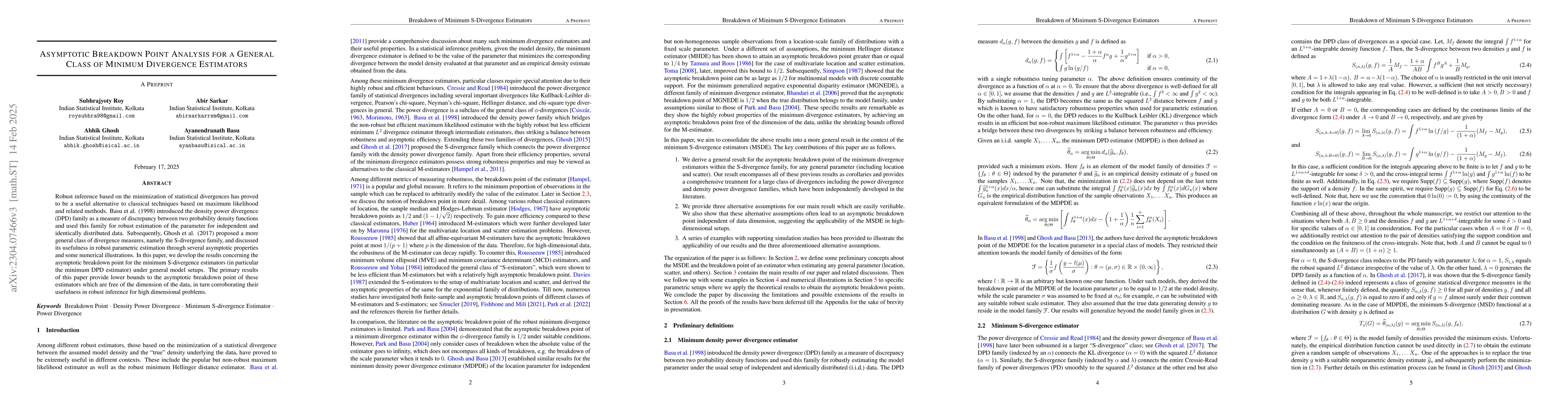 Thumbnail for Asymptotic Breakdown Point Analysis for a General Class of Minimum
  Divergence Estimators