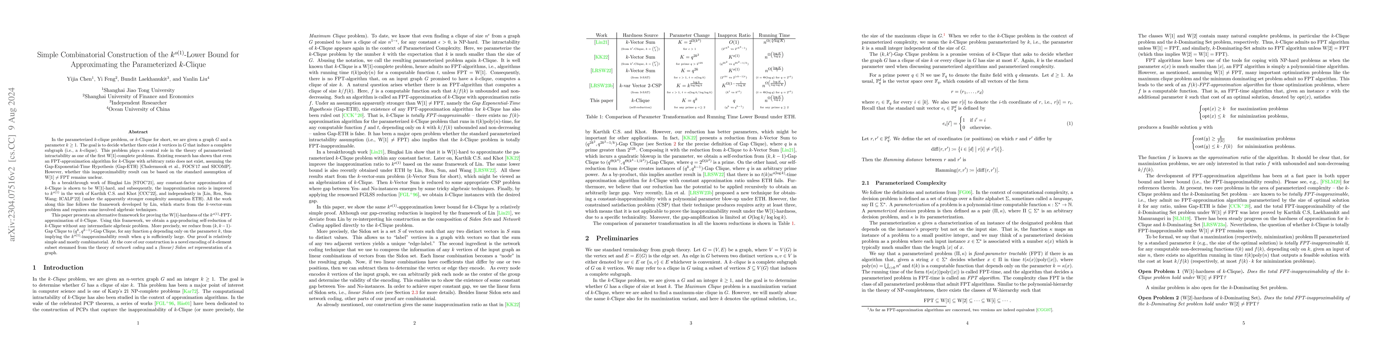 Thumbnail for Simple Combinatorial Construction of the $k^{o(1)}$-Lower Bound for
  Approximating the Parameterized $k$-Clique