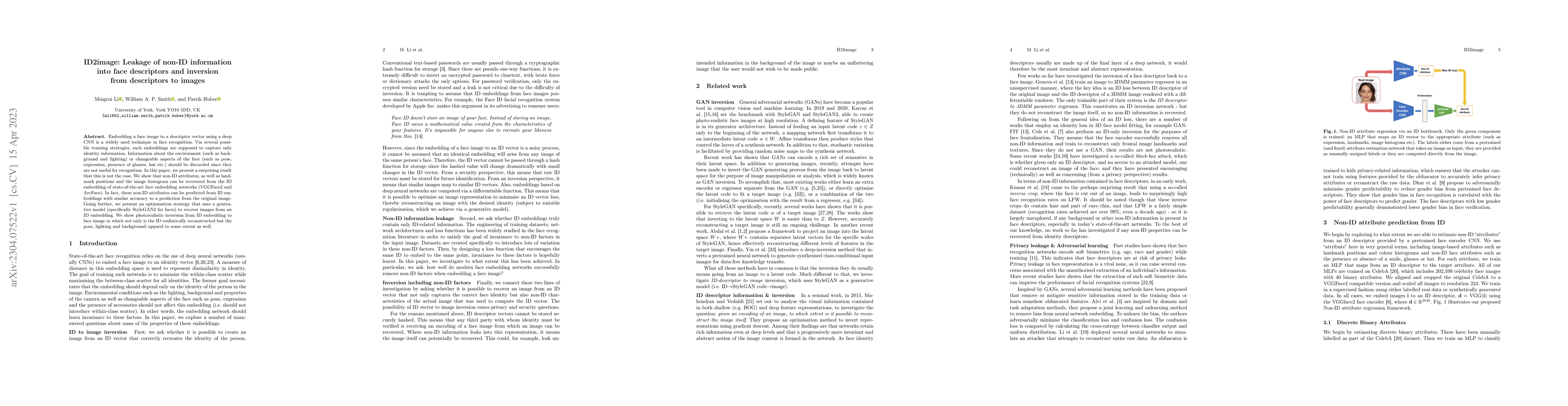 Thumbnail for ID2image: Leakage of non-ID information into face descriptors and
  inversion from descriptors to images