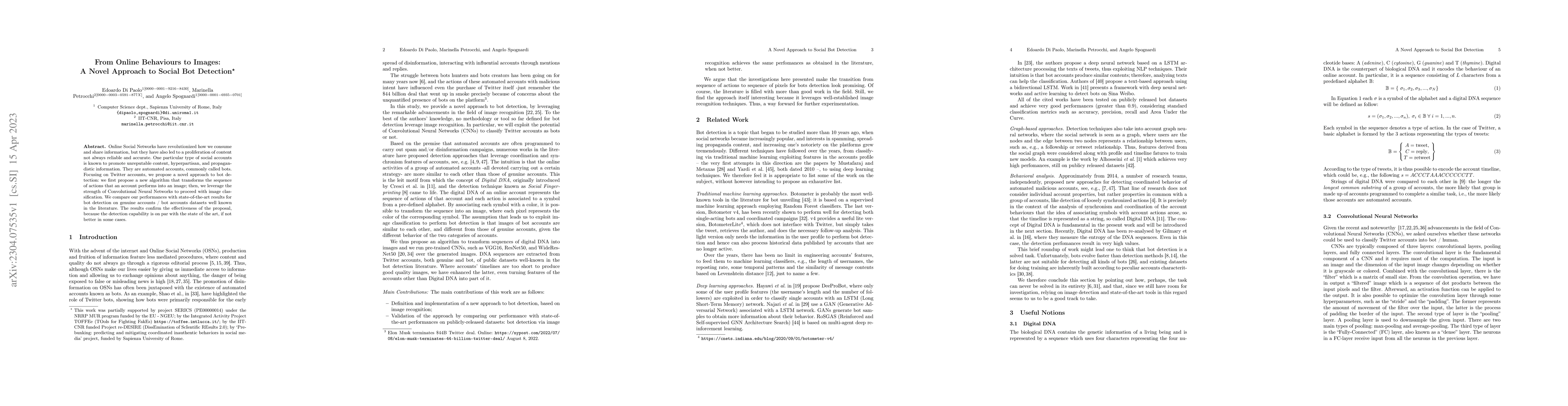 Thumbnail for From Online Behaviours to Images: A Novel Approach to Social Bot
  Detection