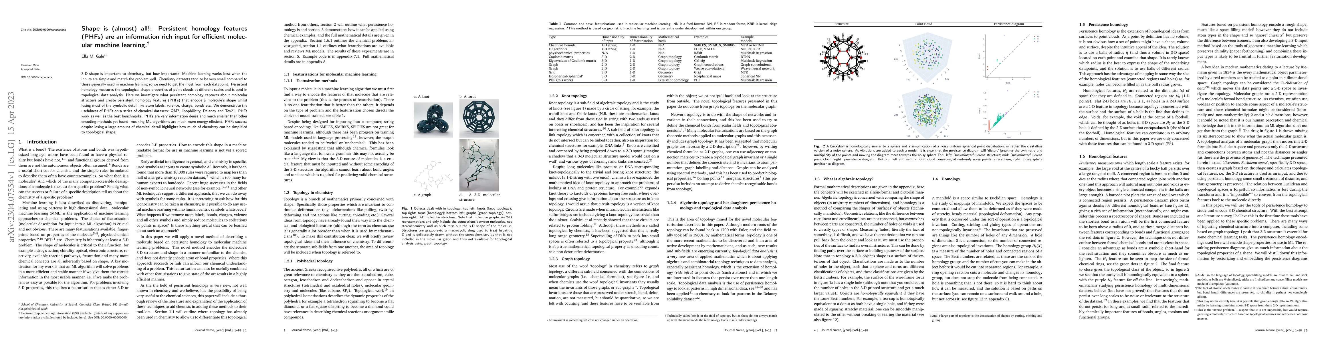 Thumbnail for Shape is (almost) all!: Persistent homology features (PHFs) are an
  information rich input for efficient molecular machine learning