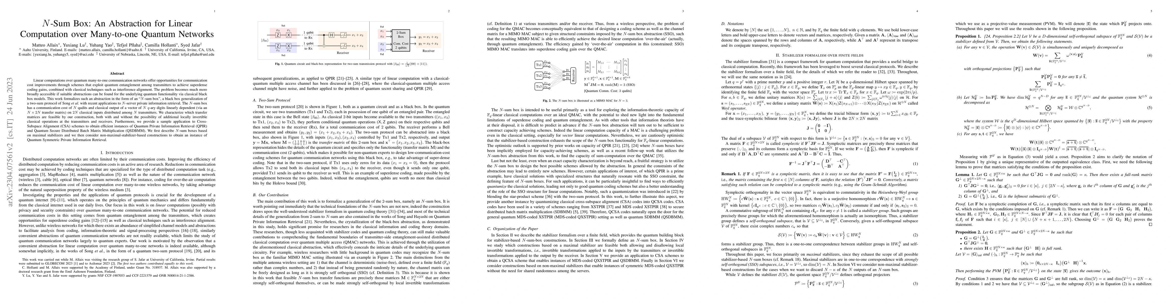 Thumbnail for $N$-Sum Box: An Abstraction for Linear Computation over Many-to-one
  Quantum Networks