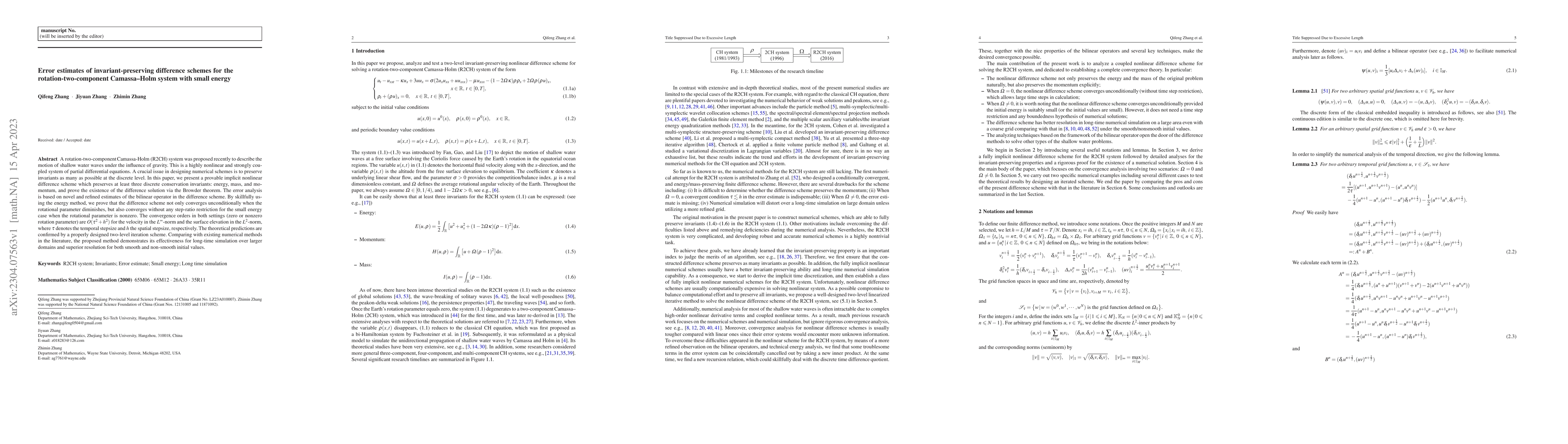 Thumbnail for Error estimates of invariant-preserving difference schemes for the
  rotation-two-component Camassa--Holm system with small energy
