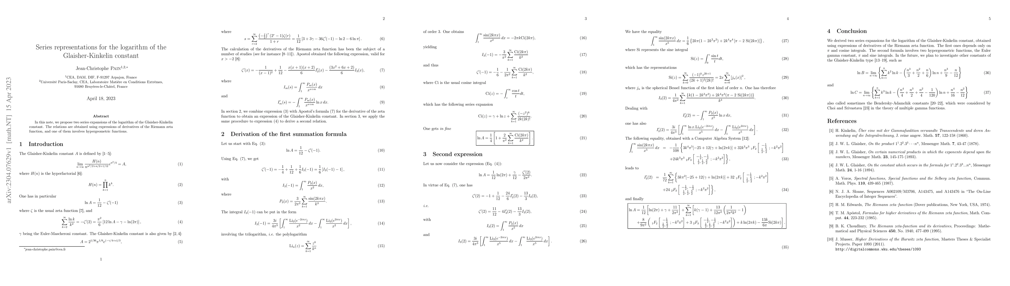 Thumbnail for Series representations for the logarithm of the Glaisher-Kinkelin
  constant