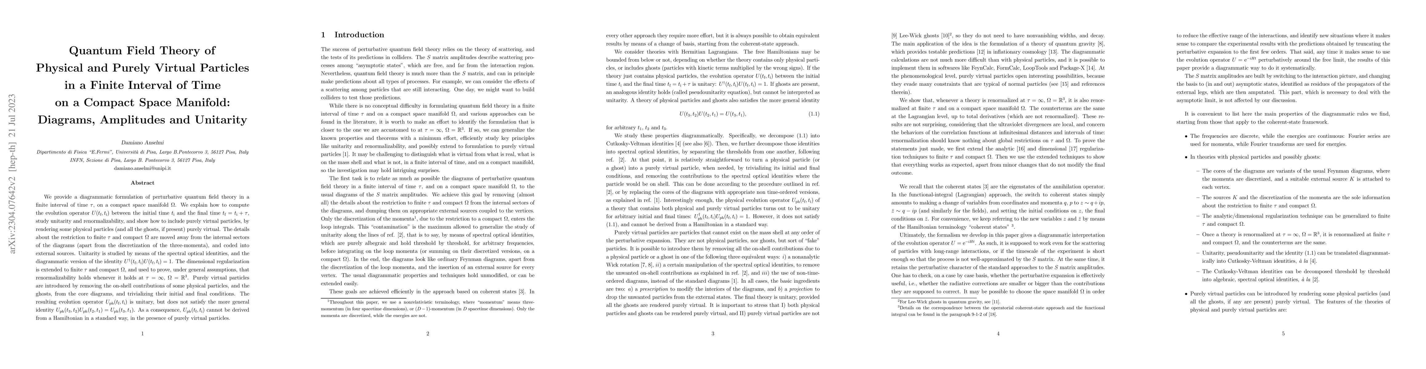 Thumbnail for Quantum field theory of physical and purely virtual particles in a
  finite interval of time on a compact space manifold: diagrams, amplitudes and
  unitarity