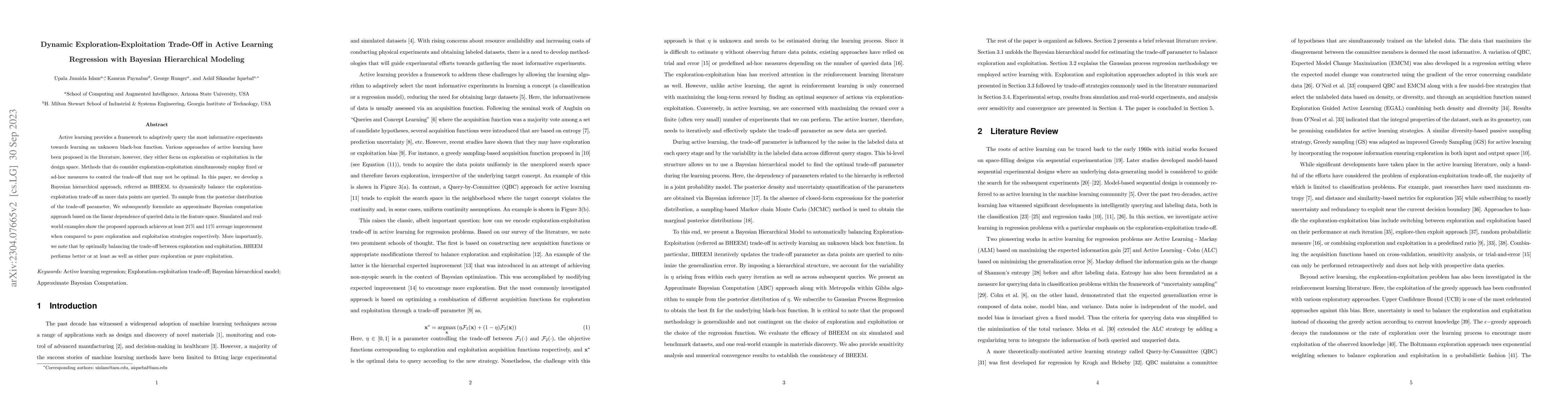 Thumbnail for Dynamic Exploration-Exploitation Trade-Off in Active Learning Regression
  with Bayesian Hierarchical Modeling