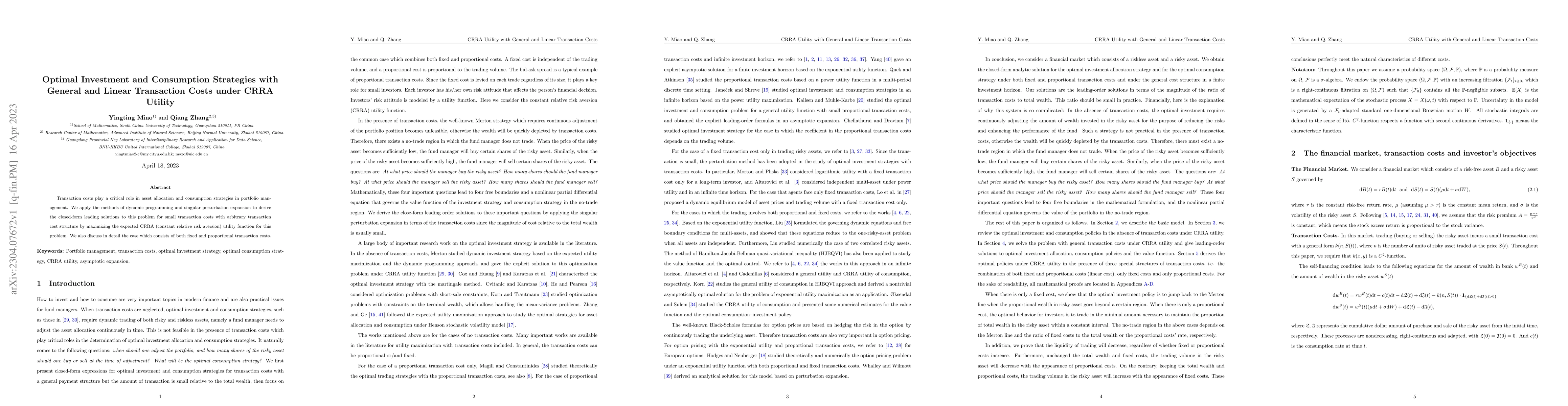 Thumbnail for Optimal Investment and Consumption Strategies with General and Linear
  Transaction Costs under CRRA Utility
