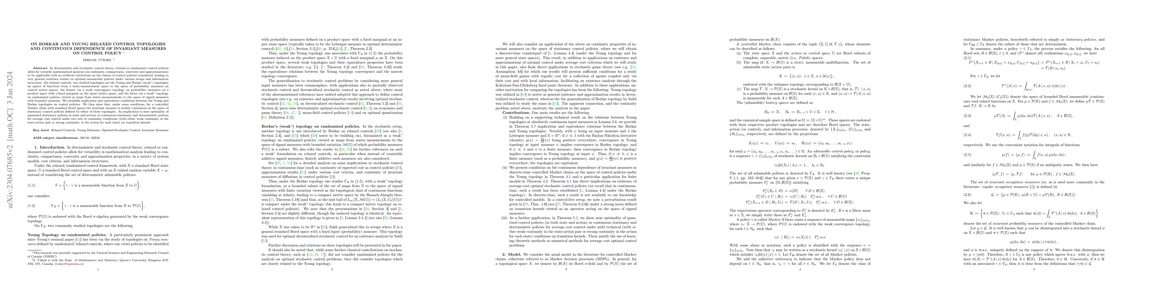 Thumbnail for On Borkar and Young Relaxed Control Topologies and Continuous Dependence
  of Invariant Measures on Control Policy