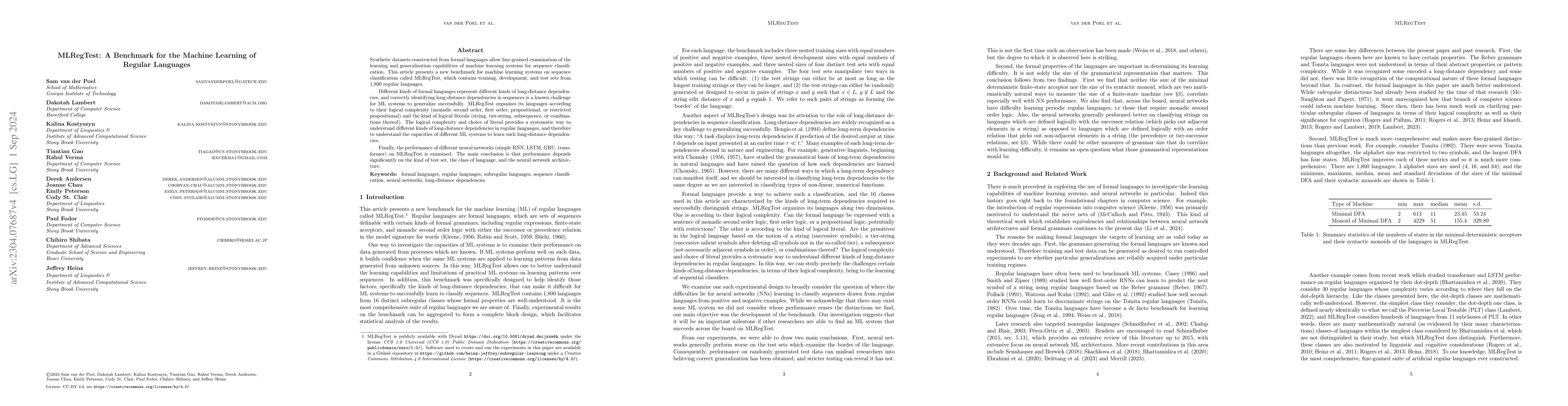Thumbnail for MLRegTest: A Benchmark for the Machine Learning of Regular Languages