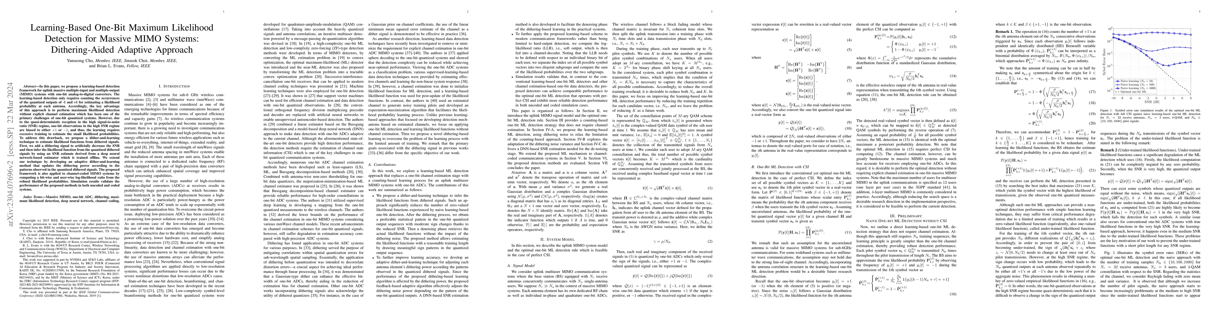Thumbnail for Learning-Based One-Bit Maximum Likelihood Detection for Massive MIMO
  Systems: Dithering-Aided Adaptive Approach