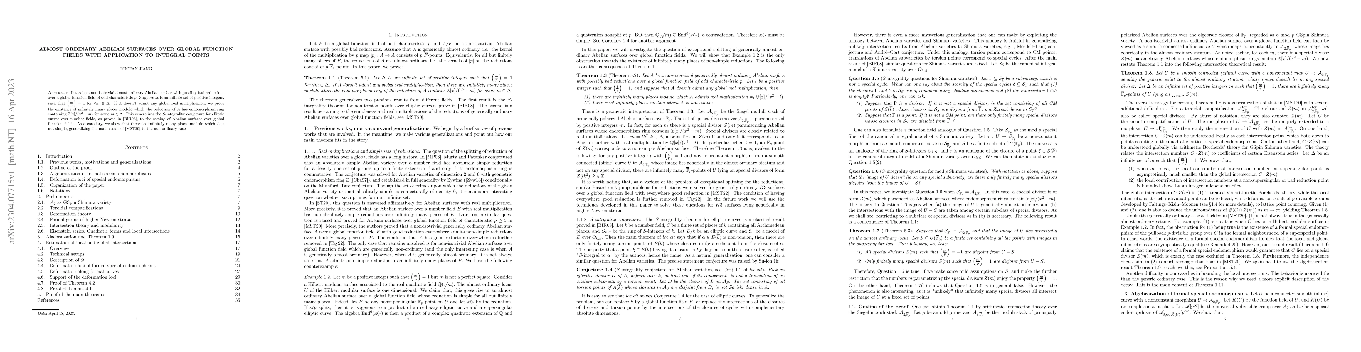 Thumbnail for Almost ordinary Abelian surfaces over global function fields with
  application to integral points
