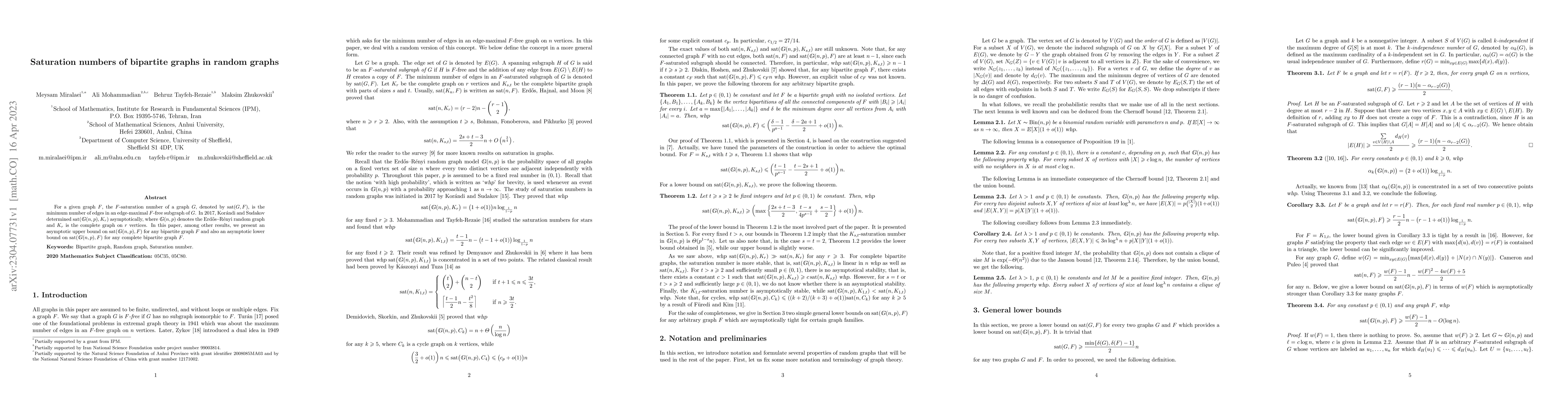 Thumbnail for Saturation numbers of bipartite graphs in random graphs