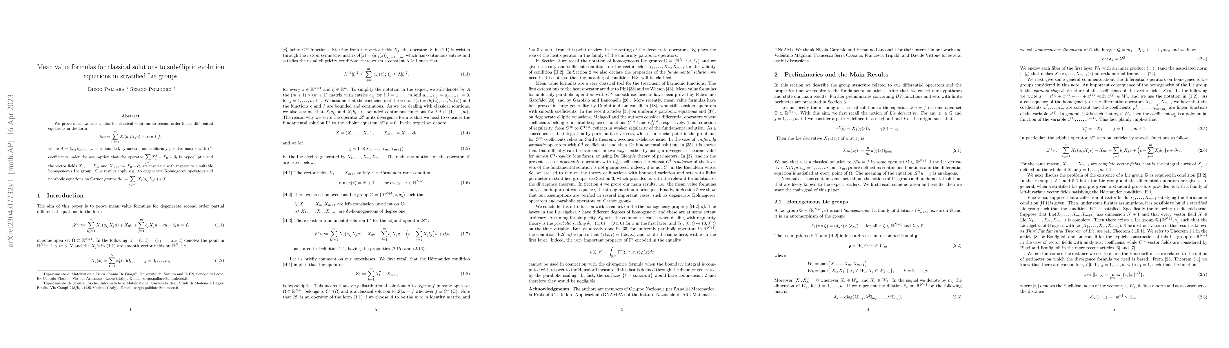 Thumbnail for Mean value formulas for classical solutions to subelliptic evolution
  equations in stratified Lie groups