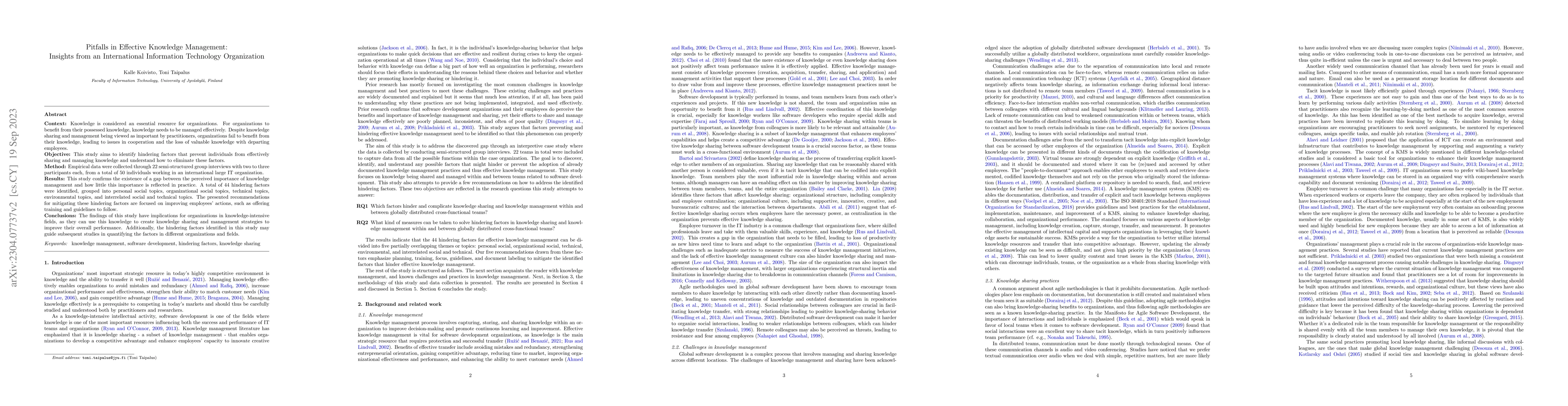 Thumbnail for Pitfalls in Effective Knowledge Management: Insights from an
  International Information Technology Organization