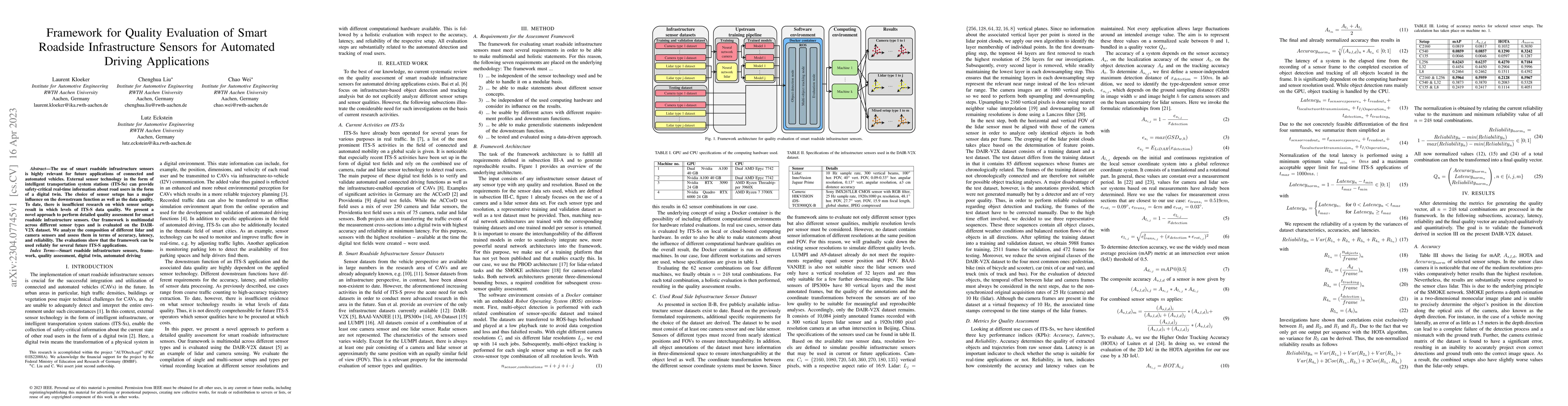 Thumbnail for Framework for Quality Evaluation of Smart Roadside Infrastructure
  Sensors for Automated Driving Applications